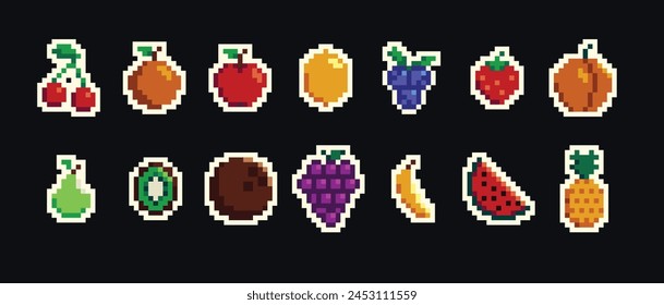 Retro pixel art food isolated icons with 8bit pixel fruits and vegetables. Vintage 8 bit console game asset, computer arcade vector items set with berries and exotic fruits