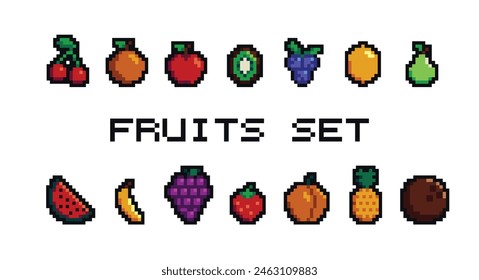 Iconos aislados de comida de arte de píxel retro con frutas y verduras de píxel de 8 bits. Antiguas 8 bit consola de juego activo, ordenador arcade de artículos de Vector conjunto con bayas y frutas exóticas