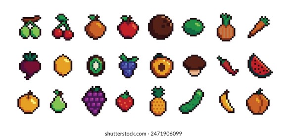 Retro pixel art food isolated icons with 8bit pixel fruits and vegetables. Vintage 8 bit console game asset, computer arcade vector items set with berries and exotic fruits