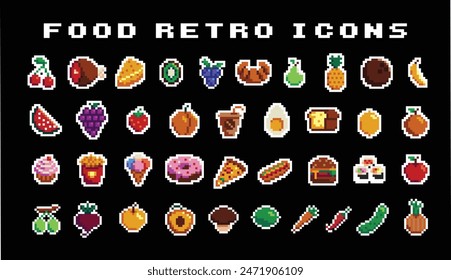 Iconos aislados de comida de arte de píxel retro con frutas y verduras de píxel de 8 bits. Antiguas 8 bit consola de juego activo, ordenador arcade de artículos de Vector conjunto con bayas y frutas exóticas