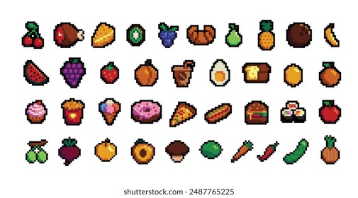 Retro pixel art food isolated icons with 8bit pixel fruits and vegetables. Vintage 8 bit console game asset, computer arcade vector items set with berries and exotic fruits