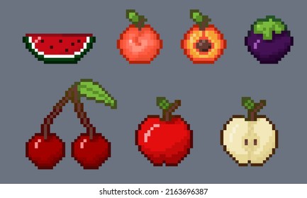 Retro pixel art fruits and berries set. Vintage 8-bit watermelon, peach, plum, cherry, appple icon set. Computer arcade game vector items illustrations. Colorful items collection