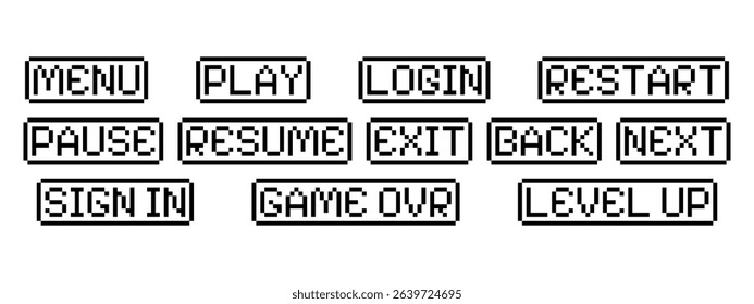 Retro pixel art game buttons. 8 bit vector interface kit. Play, pause, login, game over symbols.