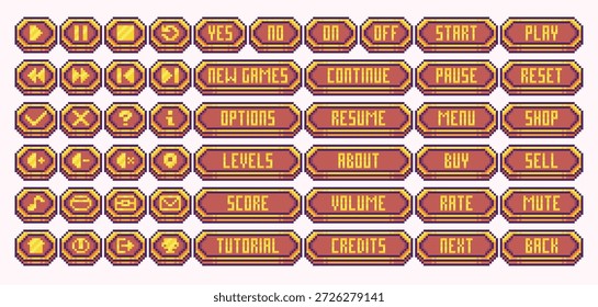 Botones retro del juego del arte del pixel con el texto del oro y los iconos enmarcados en una interfaz púrpura del estilo de la fantasía