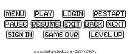Retro pixel art game buttons. 8 bit vector interface kit. Play, pause, login, game over symbols.