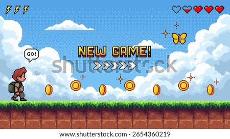 Retro pixel art game level with a man and coins, a butterfly, clouds and grass, showing a new game start screen.