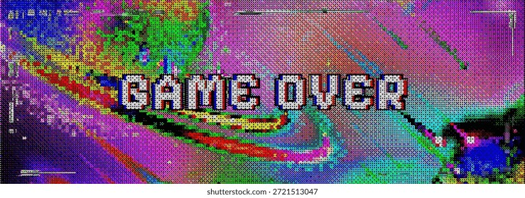  Retro pixel art Game Over pantalla con efecto de glitch digital vibrante, fondo abstracto en colores de neón