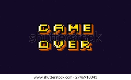 Retro pixel art game over text vector screen. 8-bit arcade gaming design on dark purple bg. Vintage console video game font for gamer UI. Classic gold pixelated lettering for play and win apps.