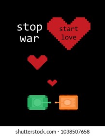 Retro pixel art game poster with tanks. Love and peace concept with hearts