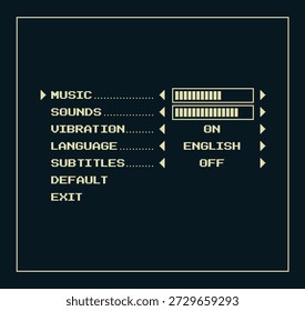 Interfaz de menú de Configuraciones de juegos de arte de píxeles retro con deslizadores de música y sonido, alternancia de vibración, idioma y opciones de subtítulos. Video Pantalla de interfaz de usuario de estilo clásico de 8 bits para la configuración del juego, menú de pausa.