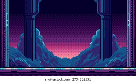 Retro pixel art game vector background with sunset sky. Arcade platformer stage design. Creative digital illustration for video game.