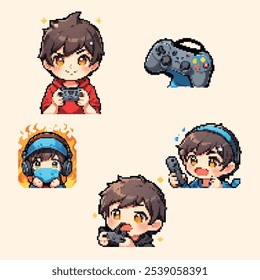 retro pixel art gamer gaming game live streamer character mascot anime sticker set.