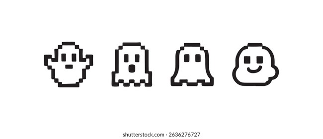 Retro pixel art ghosts in black and white - classic arcade style.