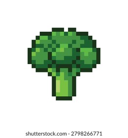 Retro pixel art green broccoli stalk. 8 bit vector vegetable food icon perfect for vintage RPG video game farming, harvest inventory assets, and design.
