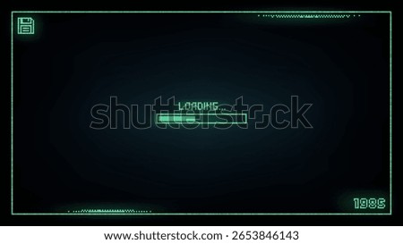 Retro pixel art green loading bar animation on a dark screen mimicking an old monitor. Vintage computer digital display with floppy disk icon, concept of data processing and nostalgia.