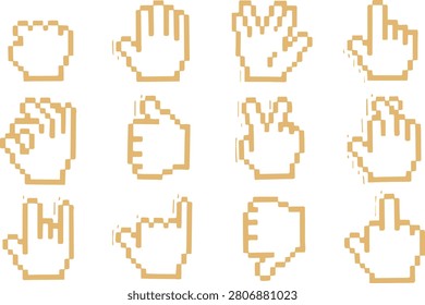 Retro pixel art hand cursors set isolated on transparent background. Collection of computer mouse pointers featuring different finger gestures for user interface design and digital game development.