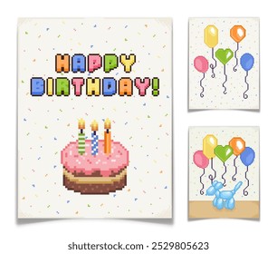 Retro pixel art happy birthday card set. Greeting postcard in 8bit style collection. Cake with pink cream and candles. Different shapes colorful helium balloons. Balloon dog. Vector illustration.