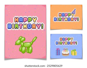 Retro pixel art happy birthday cards set. Greeting postcards in 8bit style collection. Balloon dog, party hat, gift boxes, cake with candles. Multicolored background with confetti. Vector illustration