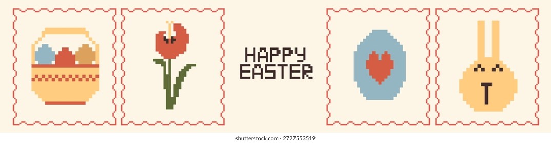 Retro pixel art Feliz Páscoa selos definido. Elementos festivos de banner de primavera e design de feriado