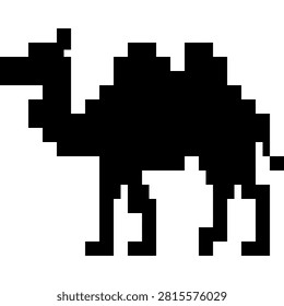 Retro pixel art icon of a camel, a simple black silhouette against a white background.