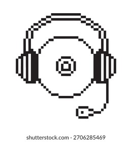A retro pixel art icon featuring headphones with a microphone overlaying a CD, symbolizing audio, music, and digital media.