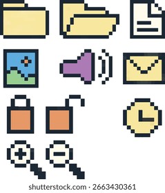 Ein Retro-Pixel-Art-Symbolsatz. Dienstprogramm und System-Pixelsatz, einschließlich offener Ordner, geschlossener Ordner, Dokumentdatei, Bilddatei, Suche, Sperren und Entsperren. Vektor