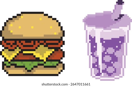 Retro pixel art illustration of a cheeseburger and a soda drink. Classic 8-bit fast food design perfect for games, apps, or nostalgic-themed projects.