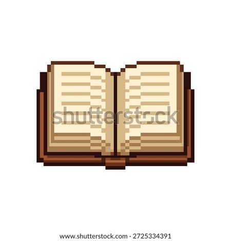 Retro pixel art illustration of an open book with brown cover and beige pages, perfect for 8-bit game assets, education, and library icons.