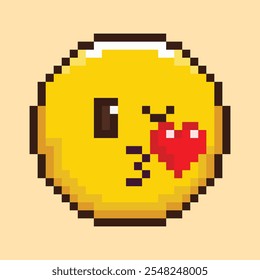 Emoji de beijo de arte retrô de pixel. Rosto piscando círculo amarelo brilhante com coração. Emoticon bonito de 8 bits de estilo plano engraçado. Ícone de mensageiro de mídia social bonito vintage. Adesivo isolado. Ilustração vetorial.