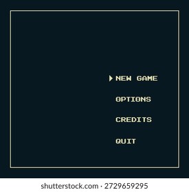 Retro pixel art tela do menu principal com interface de jogo de vídeo clássico mostrando Novo jogo, Opções, Créditos e botões de sair. Design de interface de usuário de estilo 8-bit mínimo para arcade, indie ou old school menu iniciar jogo.