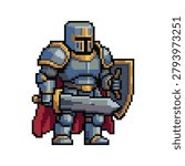 Retro pixel art medieval knight in blue armor with sword, shield, and red cape. 8 bit vector warrior character perfect for vintage RPG games.