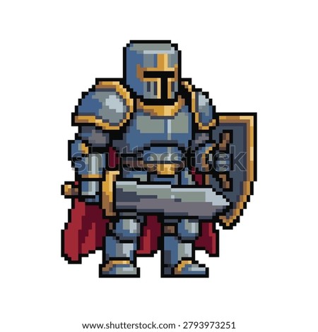 Retro pixel art medieval knight in blue armor with sword, shield, and red cape. 8 bit vector warrior character perfect for vintage RPG games.