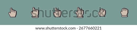 Retro Pixel Art Mouse Cursor Hand Icons Set with Pointing, Clicking, and Grabbing Gestures for UI UX Design and Digital Interfaces