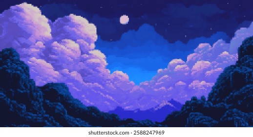 Retro pixel art night sky with clouds and stars in a fantasy landscape