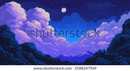 Retro pixel art night sky with clouds and stars in a fantasy landscape