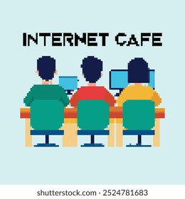 retro pixel art of people playing game at internet cafe sticker illustration.