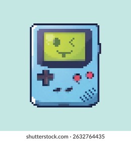 Retro pixel art pocket console with adorable kawaii face on screen, showcasing a nostalgic and charming aesthetic.