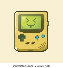 Retro pixel art pocket console with adorable kawaii face on screen, showcasing a nostalgic and charming aesthetic.