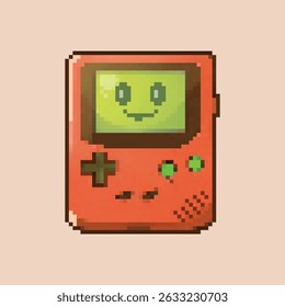 Retro pixel art pocket console with adorable kawaii face on screen, showcasing a nostalgic and charming aesthetic.
