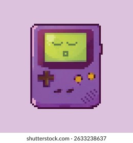 Retro pixel art pocket console with adorable kawaii face on screen, showcasing a nostalgic and charming aesthetic.