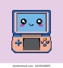 Retro pixel art pocket console with adorable kawaii face on screen, showcasing a nostalgic and charming aesthetic.