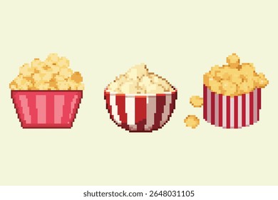 Retro Pixel Art Popcorn Snack Set. Uma coleção de ilustrações de arte de três pixels com pipoca em contêineres diferentes.