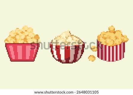 Retro Pixel Art Popcorn Snack Set. A collection of three pixel art illustrations featuring popcorn in different containers.