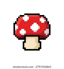Retro pixel art red mushroom with white spots. 8 bit vector toadstool icon perfect for vintage video game assets, fantasy layouts, and design.