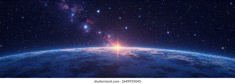 Cena de arte retrô pixel com horizonte planetário banhado em luz solar. Fundo panorâmico da cena do espaço profundo em estilo vintage pixel art com efeito de pontilhamento para videogame retro de 8 bits. Ilustração vetorial