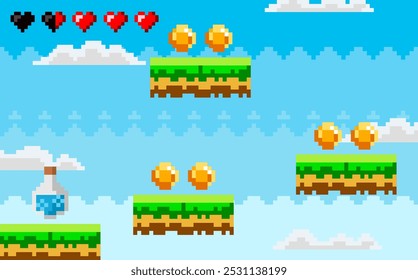 Escena retro del arte del pixel de un nivel del juego de plataformas con las monedas, los corazones, las nubes, las plataformas flotantes, la poción de la bebida y el cielo azul. Ideal para el diseño de juegos, estética retro, fanáticos del pixel art, nostalgia