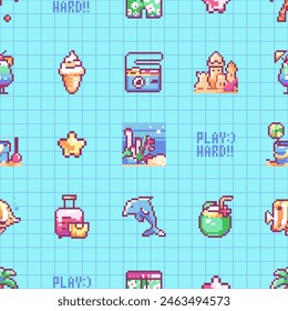 Retro Pixel Art Sea and Beach Pattern. Seamless 8 bit Vacation Background.