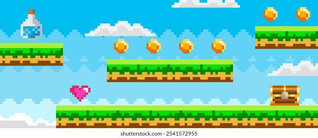 Retro pixel art mostrando um nível de jogo de plataforma com plataformas flutuantes corações moedas nuvens e um baú de tesouro contra um céu azul. Ideal para jogos de design nostalgia retro jogos de arcade e