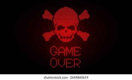 Retro Pixel Art Skull With Game Over Text in Red LED Style on Black Background. Perfect for Gaming, Hacker Themes, and Digital Death Concepts. Vector Illustration.