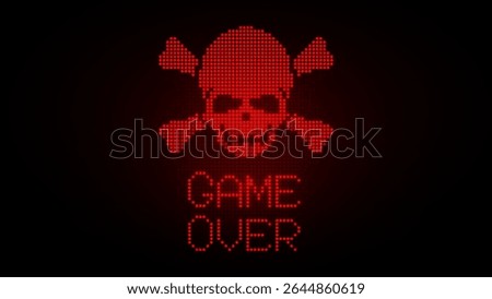 Retro Pixel Art Skull With Game Over Text in Red LED Style on Black Background. Perfect for Gaming, Hacker Themes, and Digital Death Concepts. Vector Illustration.